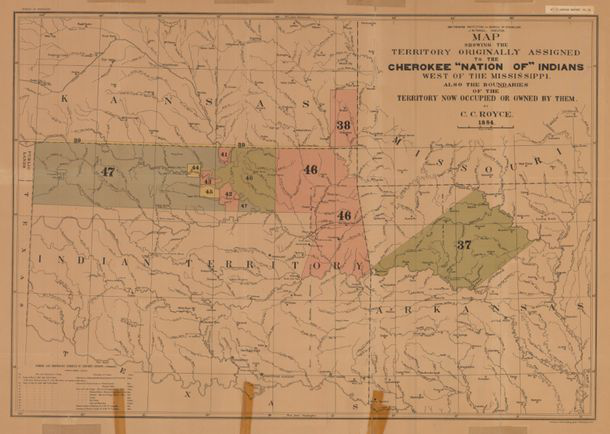 A map showing the lands originally assigned to the Cherokee Nation lying west of the Mississippi River. (Courtesy of the Oklahoma Historical Society)